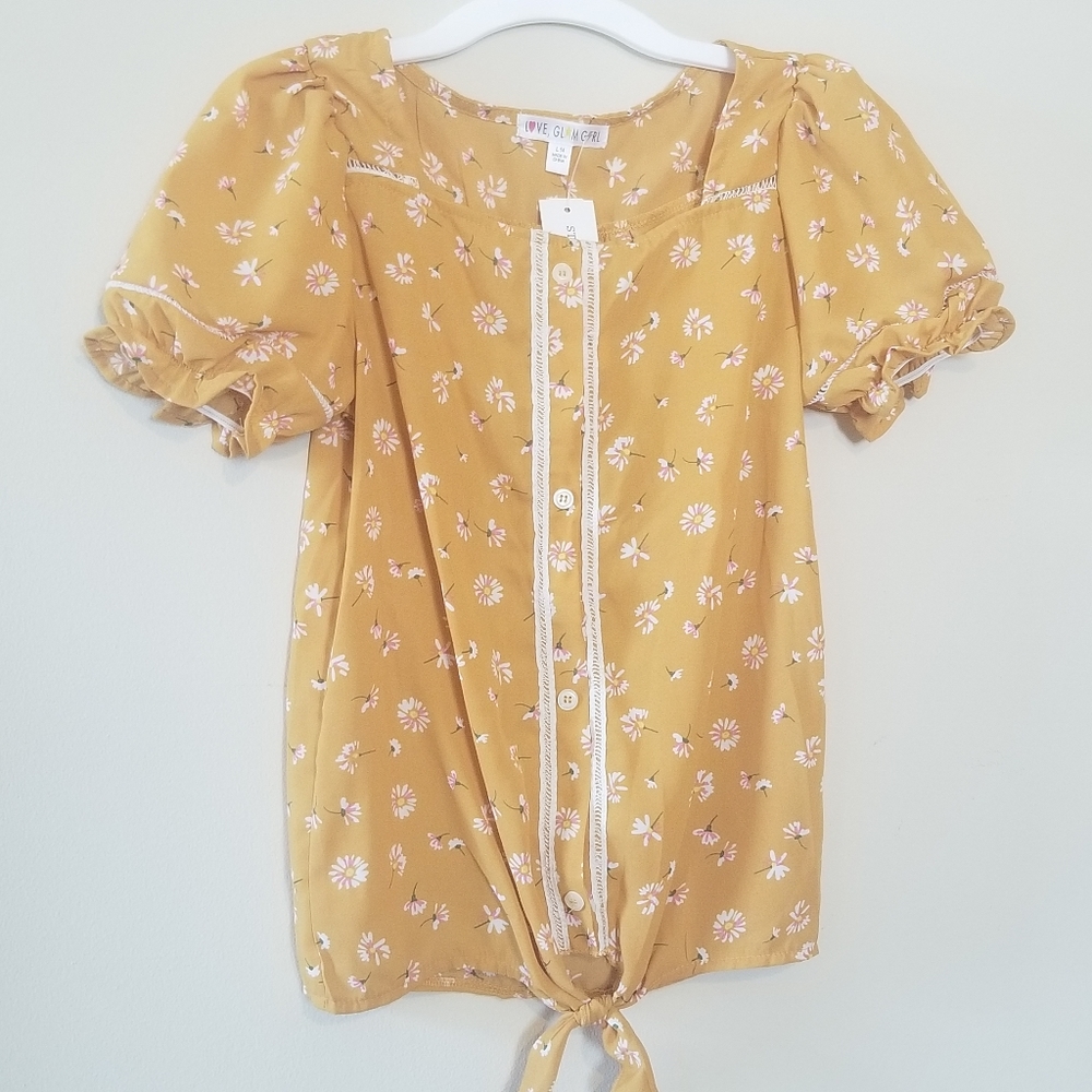 Love Glam Girl Sigrid Tie Front Woven Top, mustard